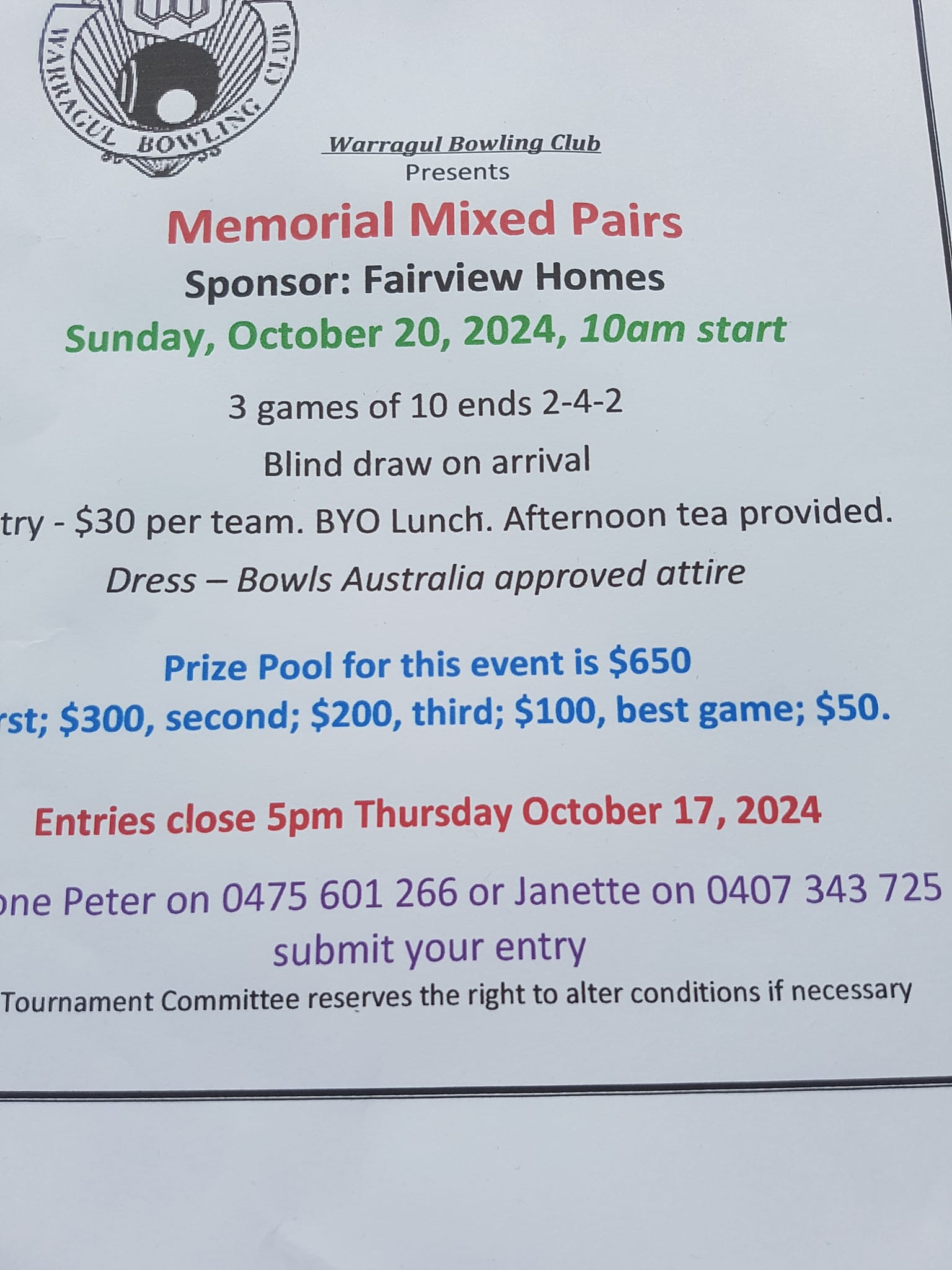 Memorial Mixed Pairs flyer