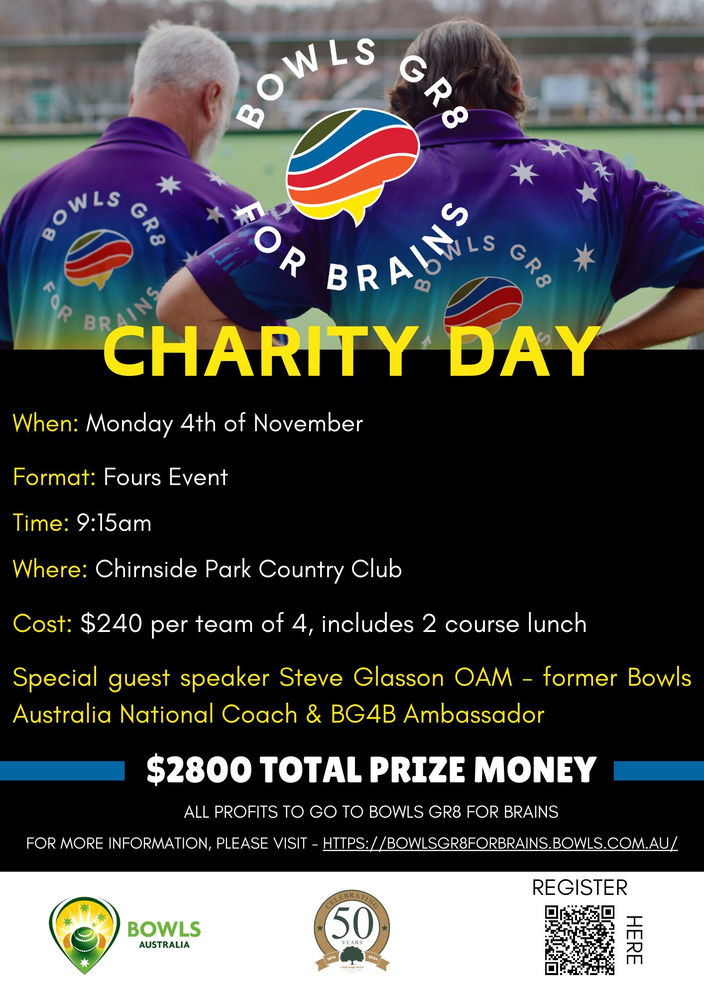 Bowls GR8 for Brains Charity Day flyer